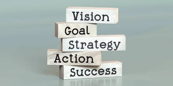 Visione Obiettivo Strategia Azione Successo Parole Blocchi Legno Illustrazione — Foto Stock