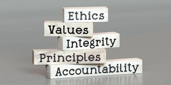 Этика Ценности Целостность Принципы Подотчетность Слова Деревянных Блоках Иллюстрация — стоковое фото