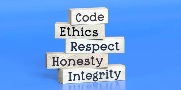 Code Ethics Respect Honesty Integrity Words Wooden Blocks Illustration — Stock Photo, Image