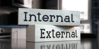 İç, dış - ahşap bloklar üzerindeki kelimeler - 3 boyutlu illüstrasyon