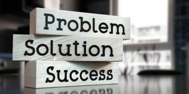 Problem, çözüm, başarı - tahta bloklar üzerindeki kelimeler - 3 boyutlu illüstrasyon
