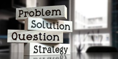 Problem, çözüm, soru, strateji - tahta bloklar üzerindeki kelimeler - 3 boyutlu illüstrasyon