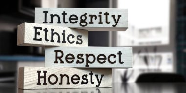 Dürüstlük, ahlak, saygı, dürüstlük - ahşap bloklar üzerindeki kelimeler - 3 boyutlu illüstrasyon