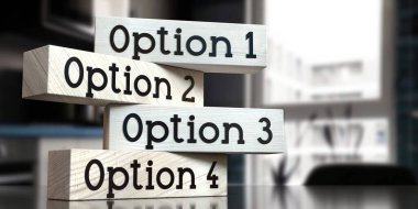 Seçenek 1, 2, 3 veya 4 - tahta bloklar üzerine kelimeler - 3 boyutlu illüstrasyon