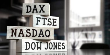 DAX, FTSE, NASDAQ, DOW JONES - tahta bloklar üzerindeki kelimeler - 3D illüstrasyon