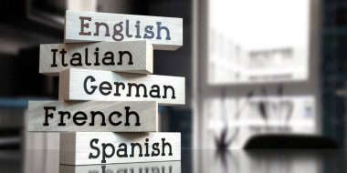 English, Italian, German, French, Spanish - words on wooden blocks - 3D illustration clipart