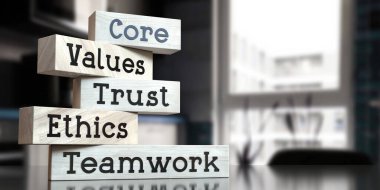 Core, values, trust, ethics, teamwork - words on wooden blocks - 3D illustration clipart