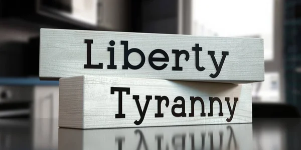 Liberty Tiranny 木のブロック上の言葉 3Dイラスト — ストック写真