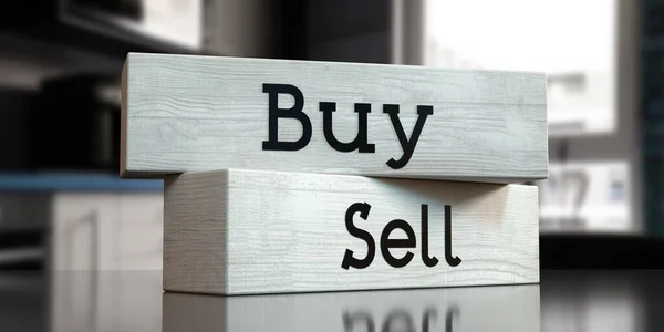 Comprar Vender Palavras Blocos Madeira Ilustração — Fotografia de Stock