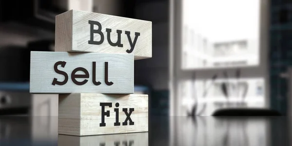 Buy Sell Fix Words Wooden Blocks Illustration — Stock Photo, Image
