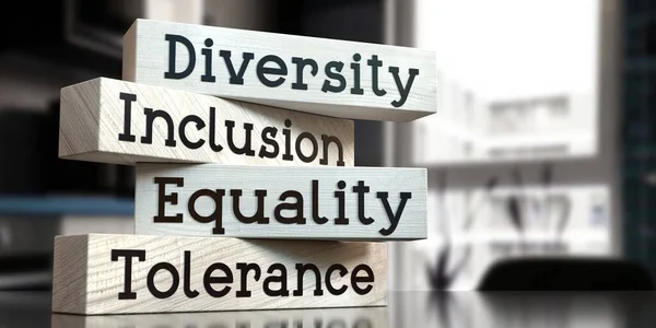 Diversity, inclusion, equality, tolerance - words on wooden blocks - 3D illustration