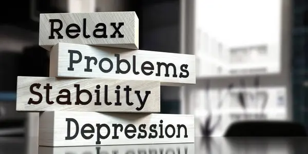 Depressão Problemas Estabilidade Relaxe Palavras Blocos Madeira Ilustração — Fotografia de Stock