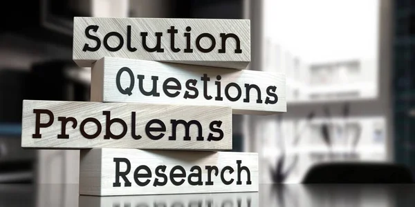 Solução Perguntas Problemas Pesquisa Palavras Sobre Blocos Madeira Ilustração — Fotografia de Stock