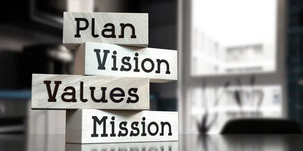 Plan, vision, values, mission - words on wooden blocks - 3D illustration