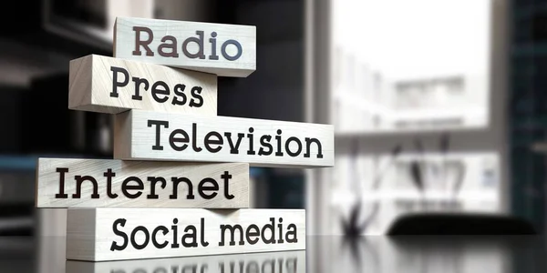 Radyo, basın, televizyon, internet, sosyal medya - tahta bloklar üzerindeki kelimeler - 3D illüstrasyon