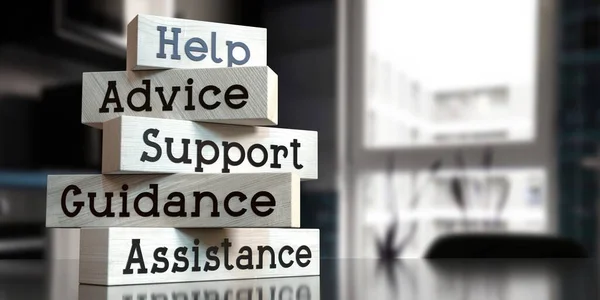 Help Advice Support Guidance Assistance Words Wooden Blocks Illustration — Stock Photo, Image