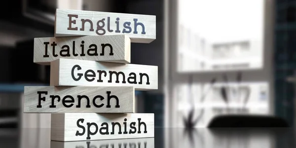 Inglés Italiano Alemán Francés Español Palabras Bloques Madera Ilustración —  Fotos de Stock