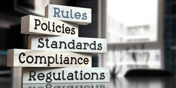 Regole Politiche Norme Conformità Regolamenti Parole Blocchi Legno Illustrazione — Foto Stock
