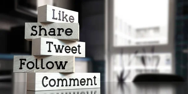 Igual Que Compartir Twittear Seguir Comentar Palabras Bloques Madera Ilustración — Foto de Stock