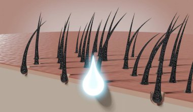 Bir damla şampuan ya da kozmetik saç köklerini yeniler - 3 boyutlu illüstrasyon