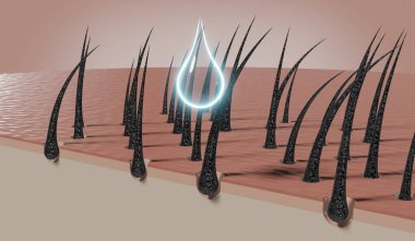 Bir damla şampuan ya da kozmetik saç köklerini yeniler - 3 boyutlu illüstrasyon