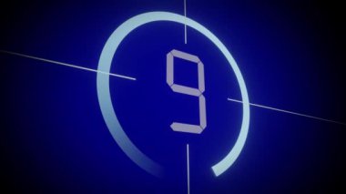 Mavi arkaplanda 10 'dan 1' e kadar LCD geri sayım numaralarının yanıp sönmesi - 4k animasyon