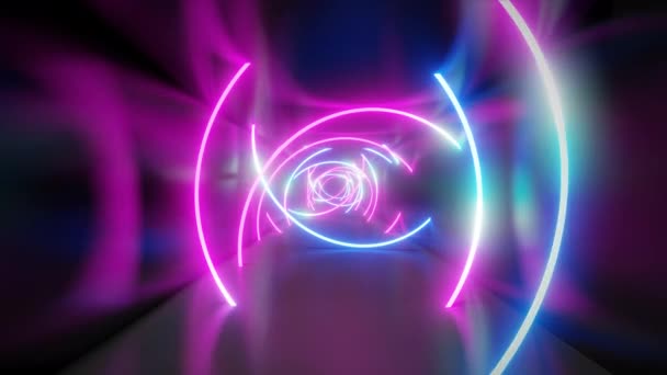 Volando Dentro Del Túnel Futurista Geométrico Con Brillantes Luces Neón — Vídeo de stock