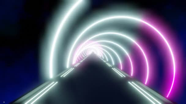 Yuvarlak Ultraviyole Pembe Mor Mavi Neon Işıklarla Gelecekteki Tünelde Ilerlemek — Stok video
