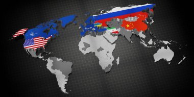 Ukrayna Savaşı - ABD, NATO, Rusya ve dünyanın dört bir yanındaki destekçi ülkeler - 3D illüstrasyon