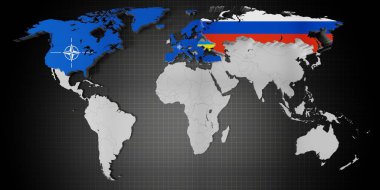 NATO üye ülkeleri, Ukrayna ve Rusya - harita ve bayraklar - 3D illüstrasyon