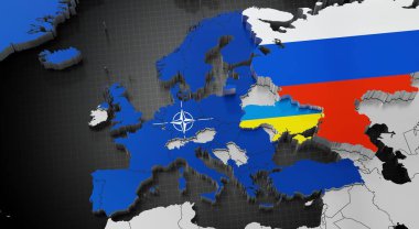 Avrupa, Ukrayna ve Rusya 'daki NATO üye ülkeleri - harita ve bayraklar - 3D illüstrasyon