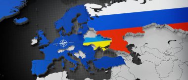 Avrupa, Ukrayna ve Rusya 'daki NATO üye ülkeleri - harita ve bayraklar - 3D illüstrasyon
