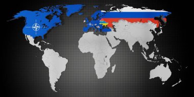 Dünya haritasında NATO üye ülkeleri, Ukrayna, Rusya ve Belarus - 3D illüstrasyon