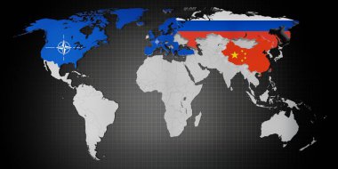 NATO üye ülkeleri, Rusya ve Çin dünya haritasında - 3D illüstrasyon