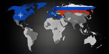 NATO üye ülkeleri ve Rusya 'nın dünya haritasında Ukrayna ihtilafındaki destekçileri - 3D illüstrasyon