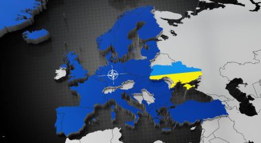 Ukrayna ve NATO - harita ve bayraklar - 3D illüstrasyon
