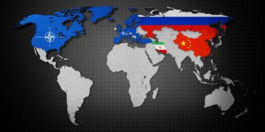 NATO üye ülkeleri, Rusya, Çin, İran ve Kuzey Kore - harita ve bayraklar - 3D illüstrasyon