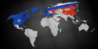 NATO üye ülkeleri, Rusya, Çin, İran ve Kuzey Kore - harita ve bayraklar - 3D illüstrasyon