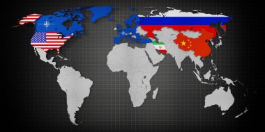 ABD, NATO ülkeleri, Rusya, Çin, İran ve Kuzey Kore - harita ve bayraklar - 3D illüstrasyon