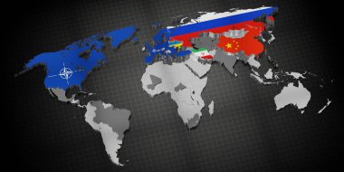 Ukrayna Savaşı - ABD, NATO, Rusya ve dünyanın dört bir yanındaki destekçi ülkeler - 3D illüstrasyon