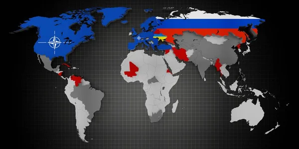 Nato加盟国とロシアのウクライナ支持者が世界地図上で紛争 3Dイラスト — ストック写真