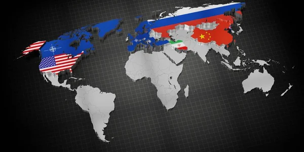 USA, NATO countries, Russia, China, Iran and North Korea - map and flags - 3D illustration