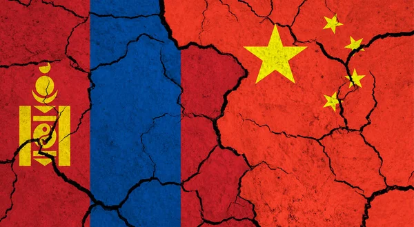 Flagi Mongolii Chin Pękniętej Powierzchni Polityka Koncepcja Relacji — Zdjęcie stockowe