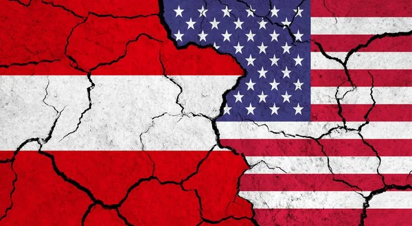 Flags of Austria and USA on cracked surface - politics, relationship concept