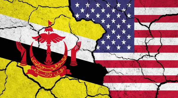 Flags of Brunei and USA on cracked surface - politics, relationship concept