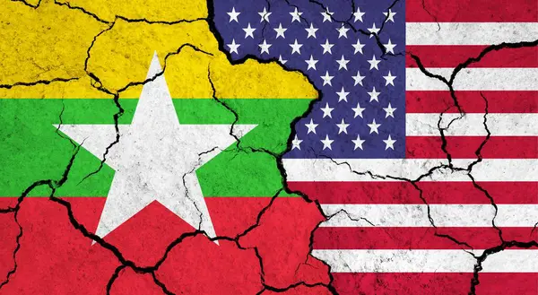 Flags of Myanmar and USA on cracked surface - politics, relationship concept