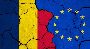 Çatlak yüzey üzerinde Çad ve Avrupa Birliği bayrakları - politika, ilişki konsepti