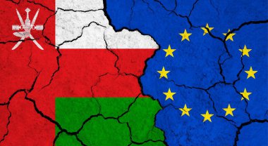 Çatlak yüzeyde Umman ve Avrupa Birliği bayrakları - politika, ilişki konsepti