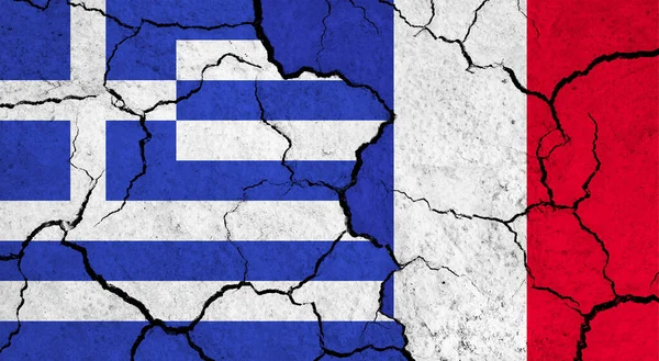Флаги Греции Франции Треснувшей Поверхности Политика Концепция Отношений — стоковое фото