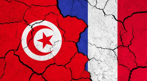 Flaggen Tunesiens Und Frankreichs Auf Rissiger Oberfläche Politik Beziehungskonzept — Stockfoto
